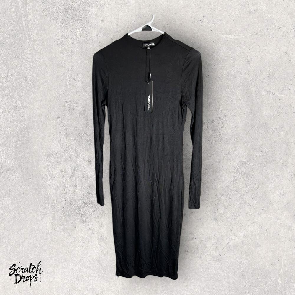 NWT Fashion Nova Black Long Sleeve Midi Dress Size M Women's Trendy Casual Wear